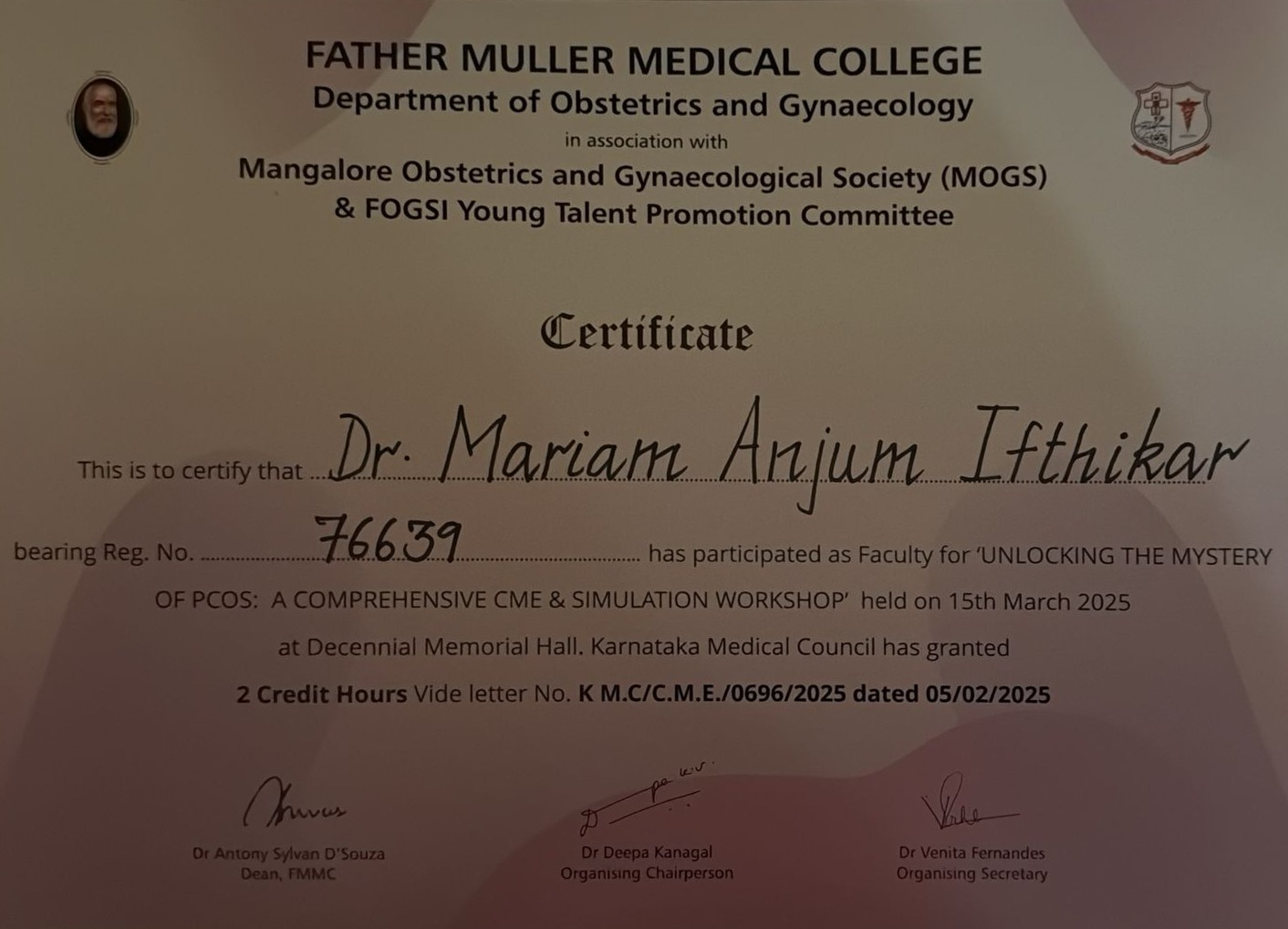 Dr. Mariam Anjum — Father Muller — Certificate